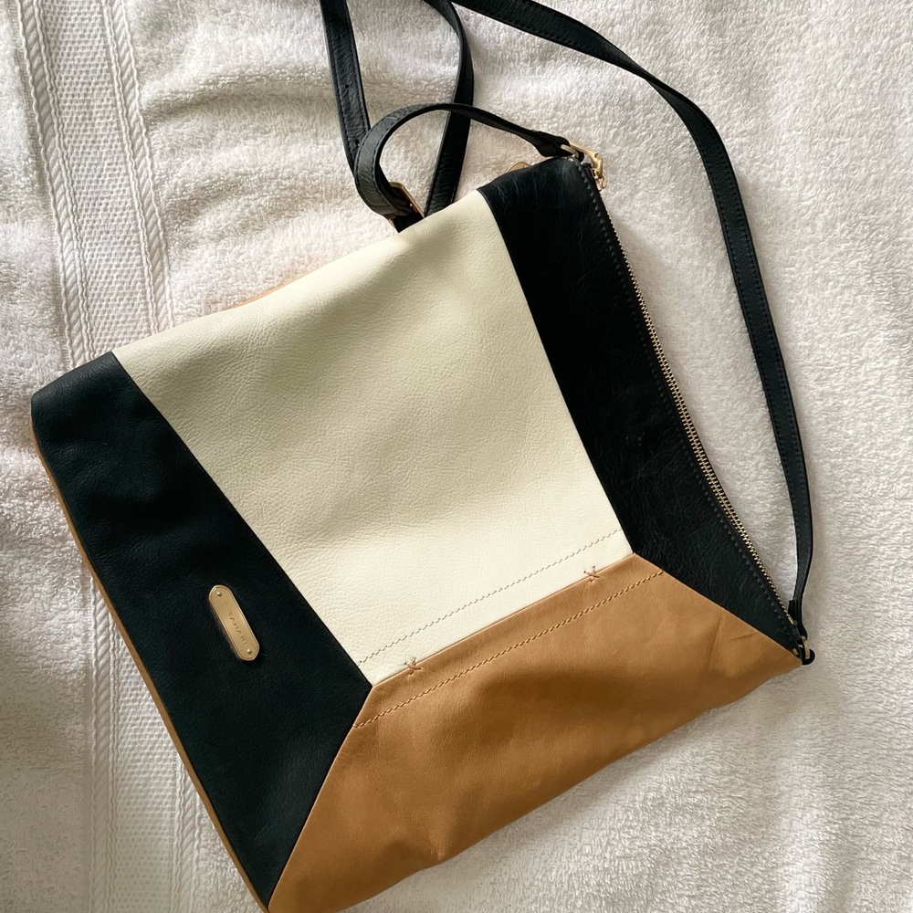 T Tahari Black, Cream, and Tan Crossbody Bag